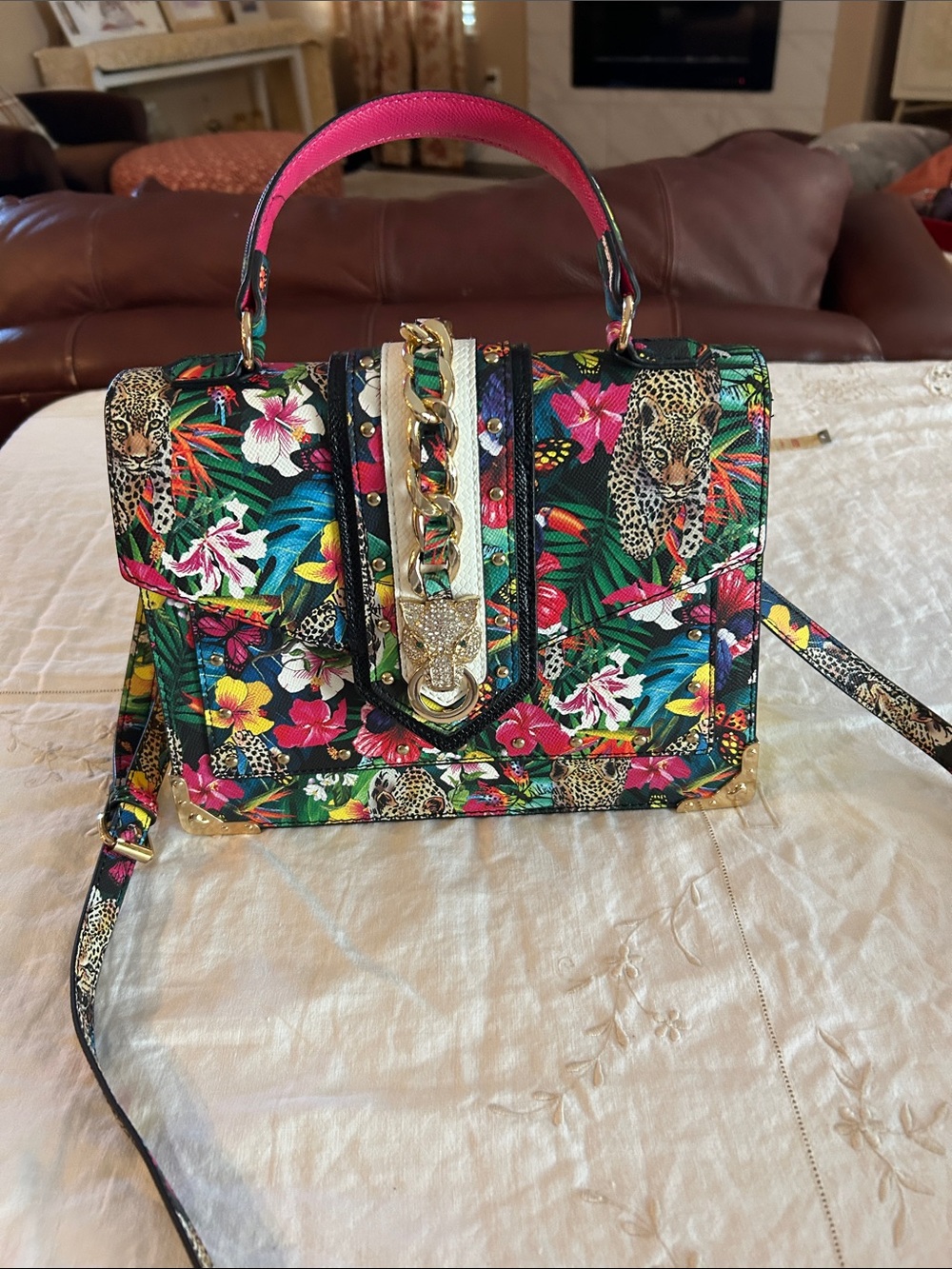 Aldo Multicolor Tropical Floral Satchel with Pink Handle and lion crystal accent